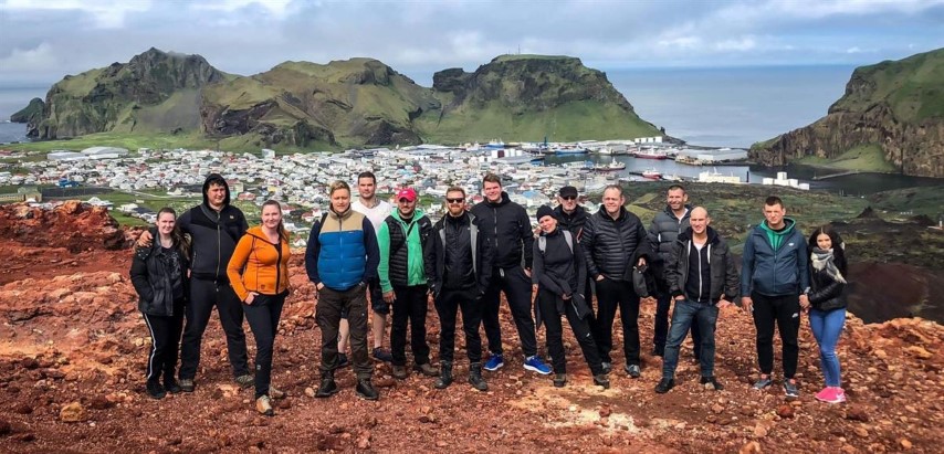 Group hiking in Vestmannaeyjar