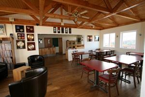 Restaurant at Fossatún with a large LP record collection on show 