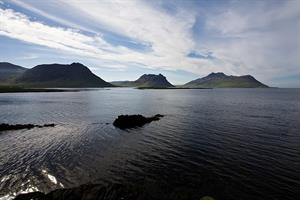 View towards Norðurfjörður; Árnesfjall, Urðartindur and Krossnesfjall